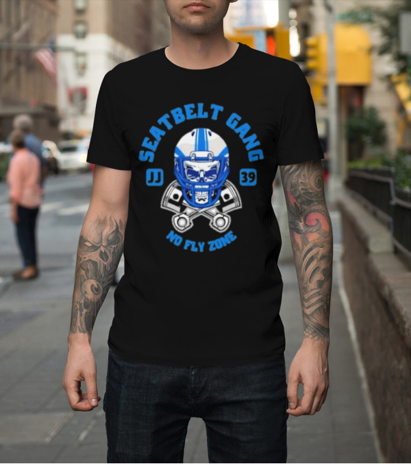 Shirt: Seatbelt Gang No Fly Zone JJ 39 Football Helmet Skull with Pistons T-Shirt Seatbelt Gang No Fly Zone JJ 39 Football Helmet Skull with Pistons T-Shirt