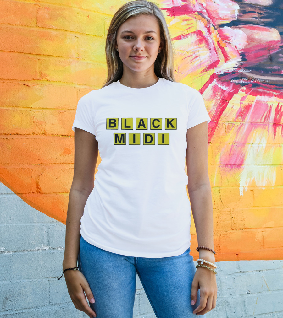 Black Midi Waffle House Black Yellow Block Letters T-Shirt