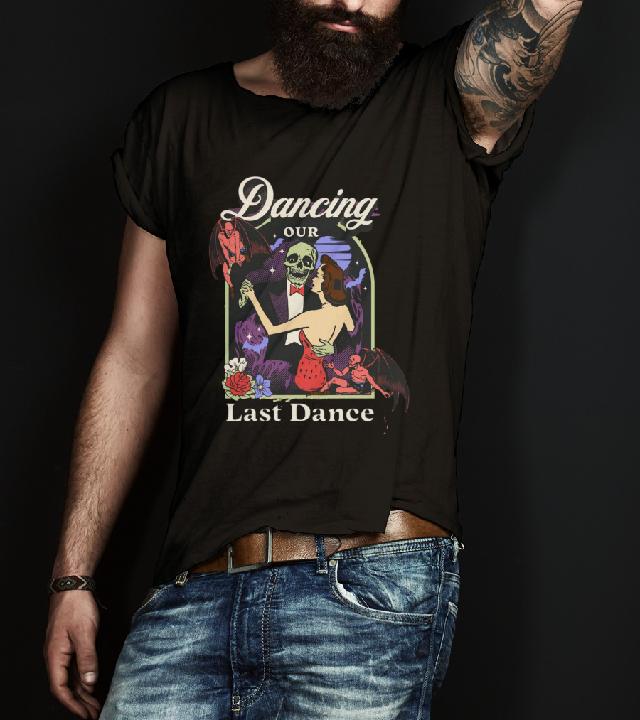 Dancing Our Last Dance Halloween Skeleton Couple With Demons And Flowers T-Shirt