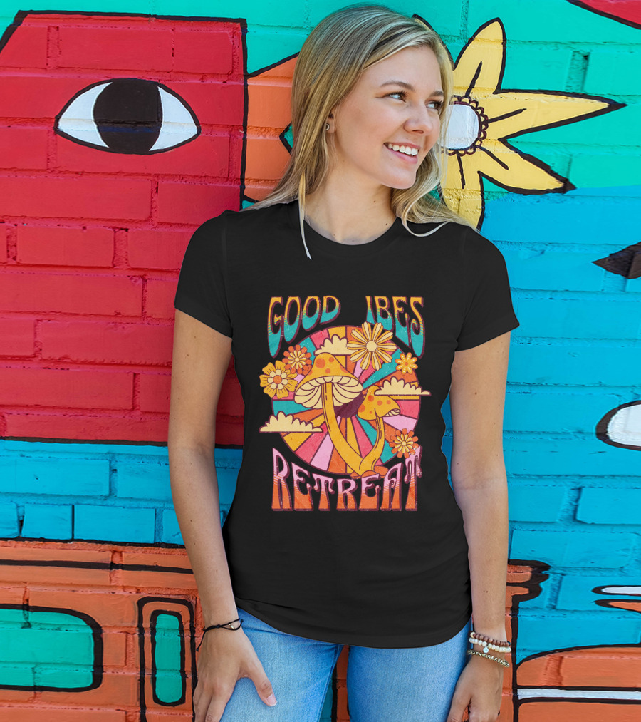 Good Vibes Retreat Mushroom Flowers Retro Psychedelic T-Shirt