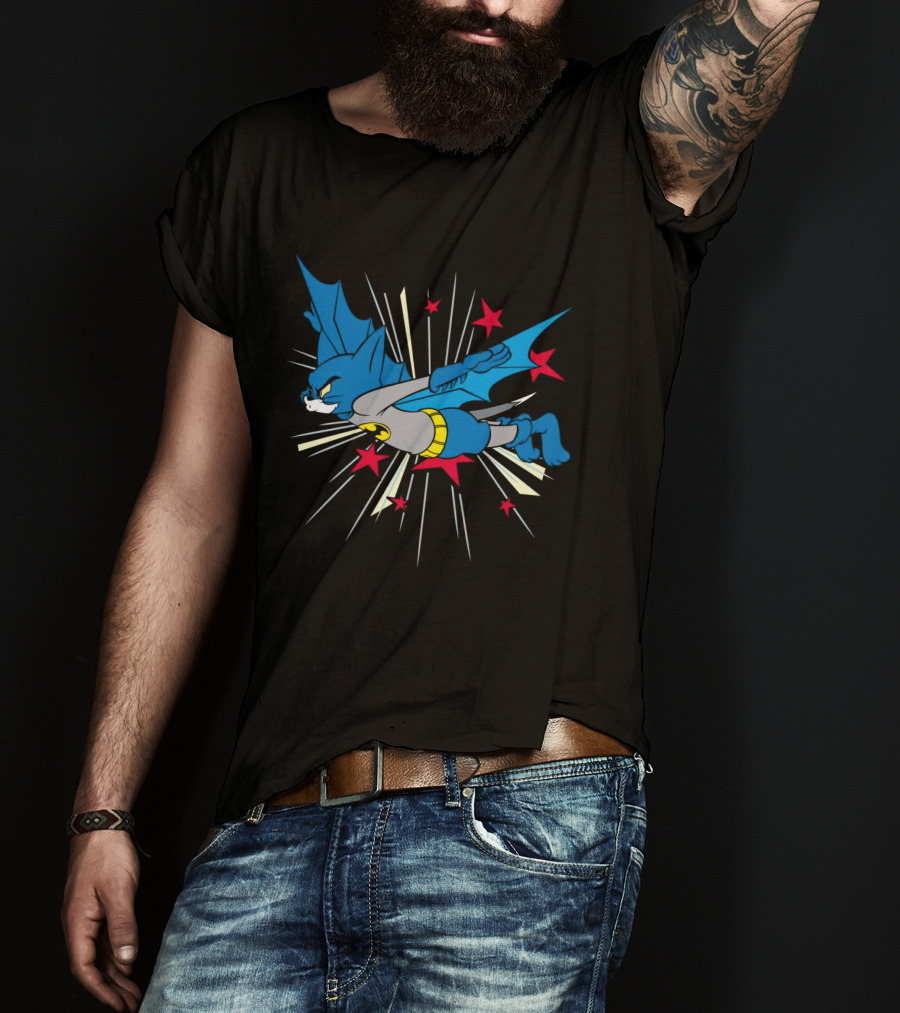 Herre Premium Bat-Cat Superhero Flying Action T-Shirt