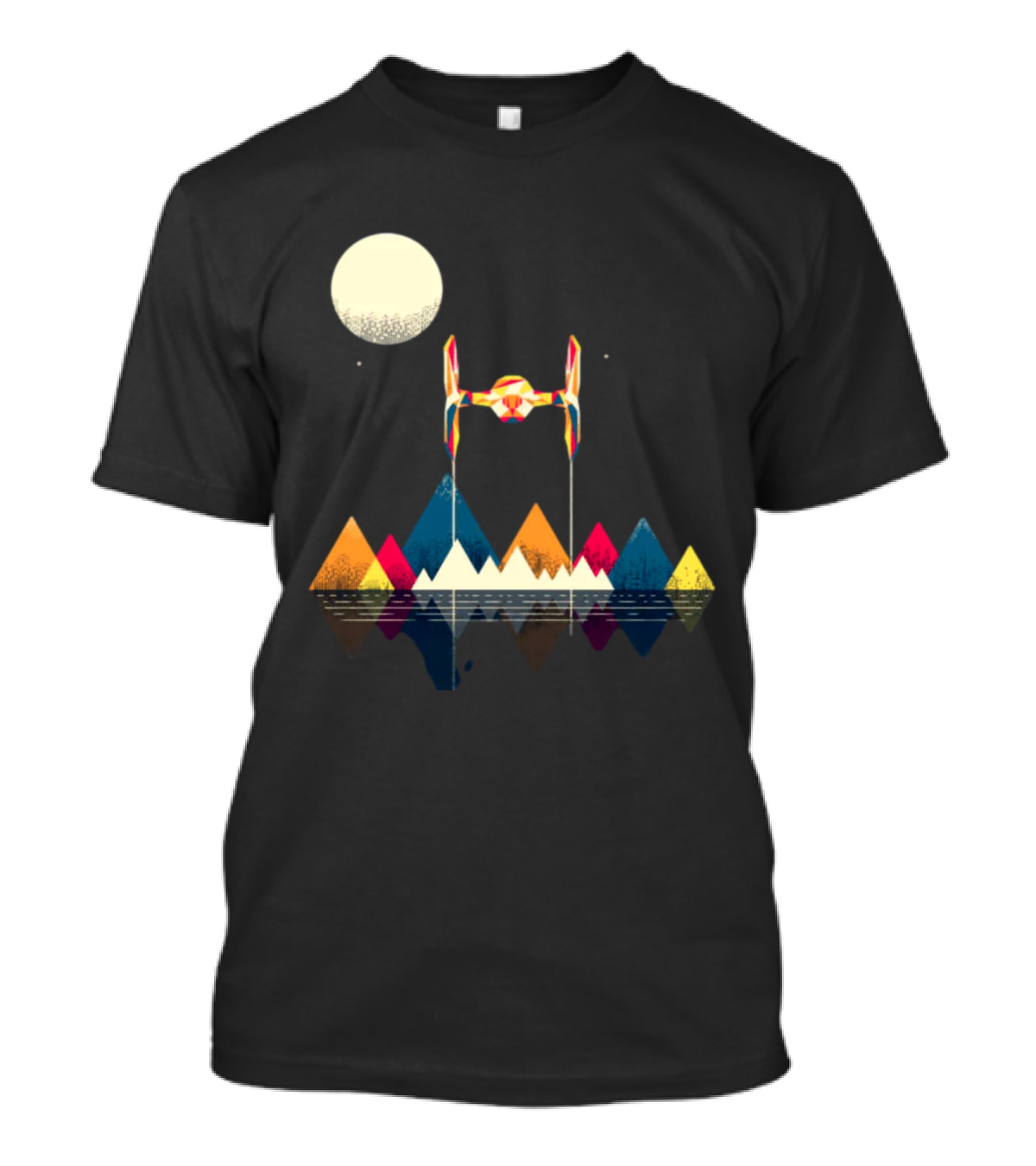 Imperial Fighter Tie Spaceship Over Geometric Mountains And Moon T-Shirt