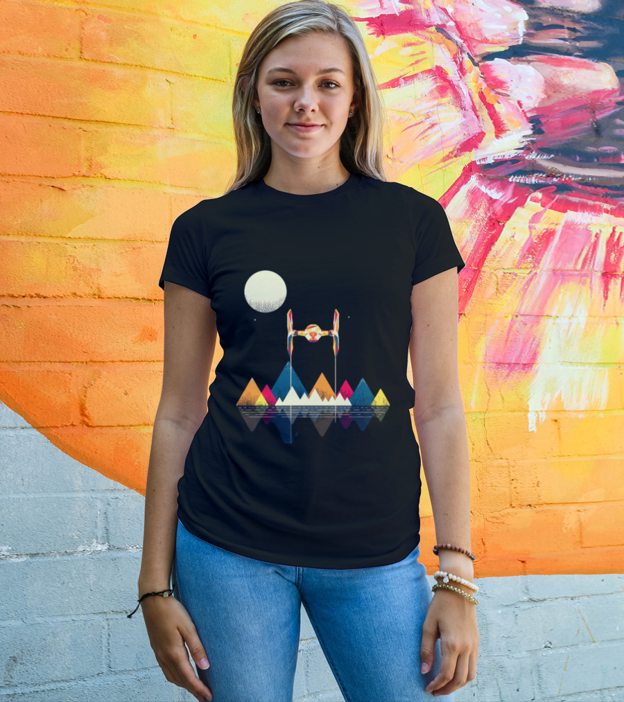 Imperial Fighter Tie Spaceship Over Geometric Mountains And Moon T-Shirt