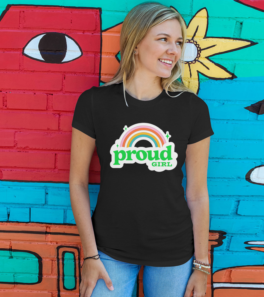 Proud Girl Green Text Rainbow With Sparkles T-Shirt