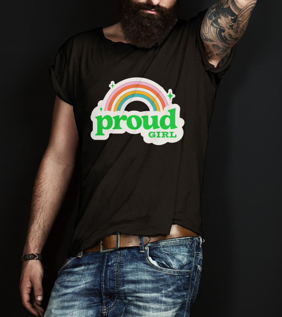 Proud Girl Green Text Rainbow With Sparkles T-Shirt