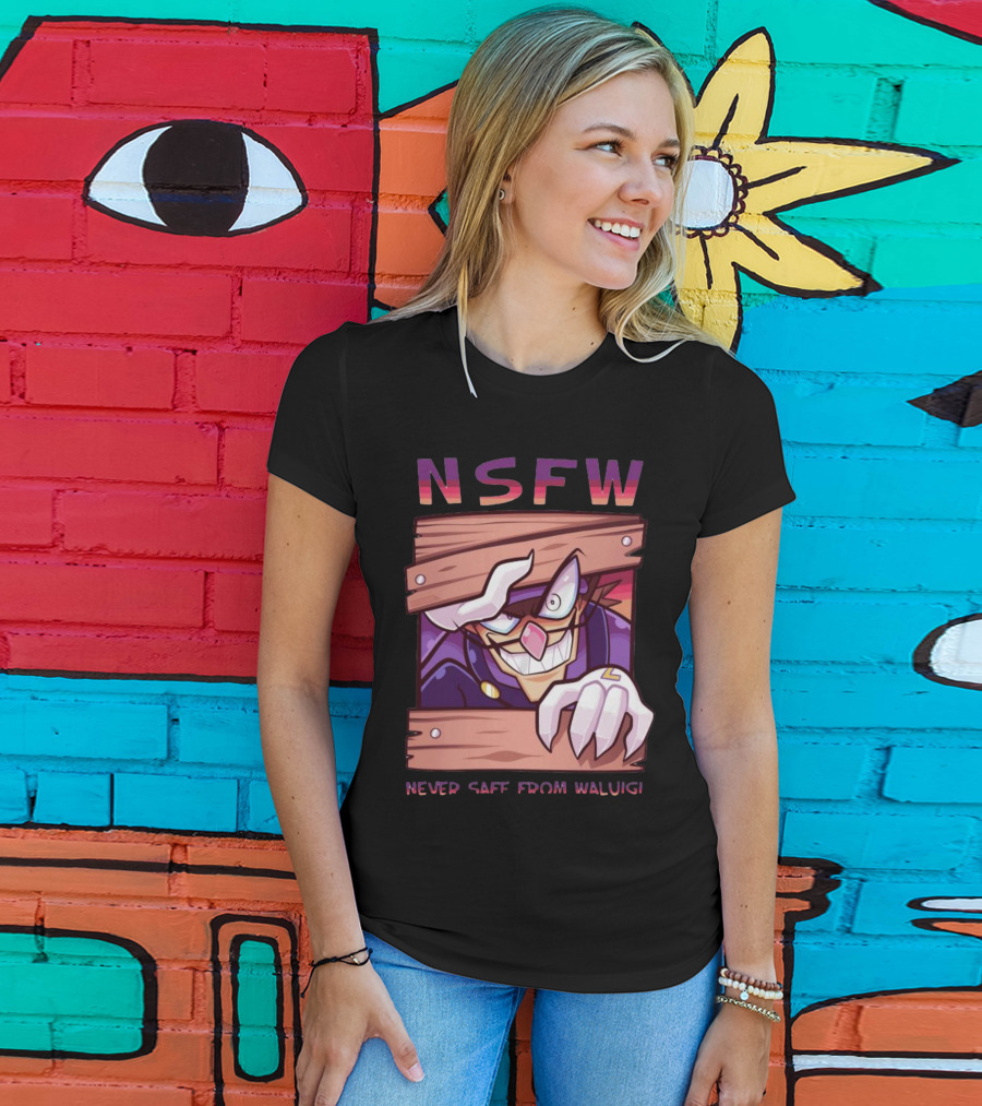 NSFW Never Safe From Waluigi Spaicy Waluigi Peeking Through Wooden Planks T-Shirt