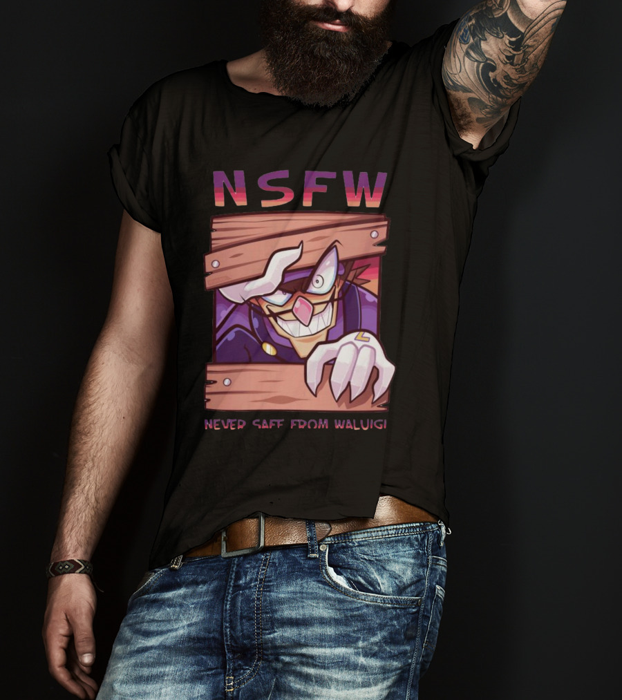NSFW Never Safe From Waluigi Spaicy Waluigi Peeking Through Wooden Planks T-Shirt