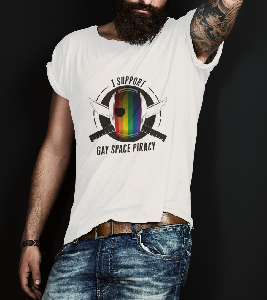 I Support Gay Space Piracy Pride Rainbow Flag Patch T-Shirt