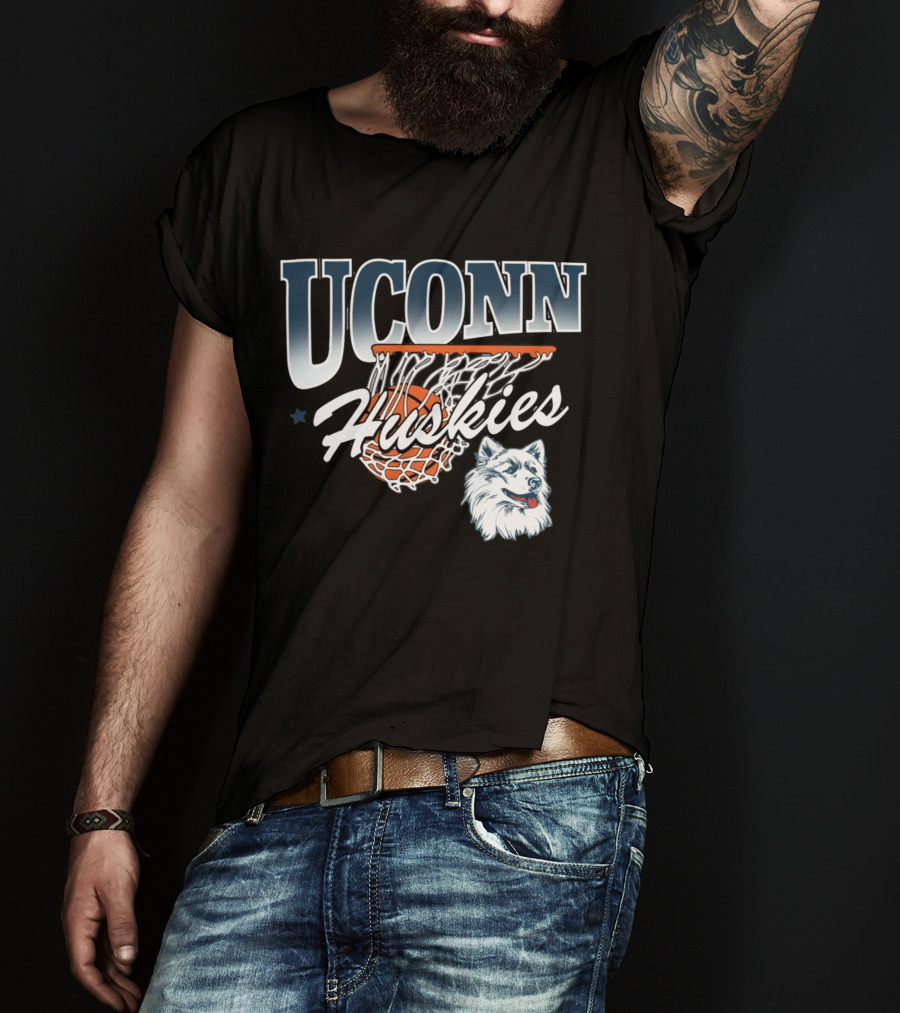 UConn Huskies Basketball Husky Mascot And Net T-Shirt