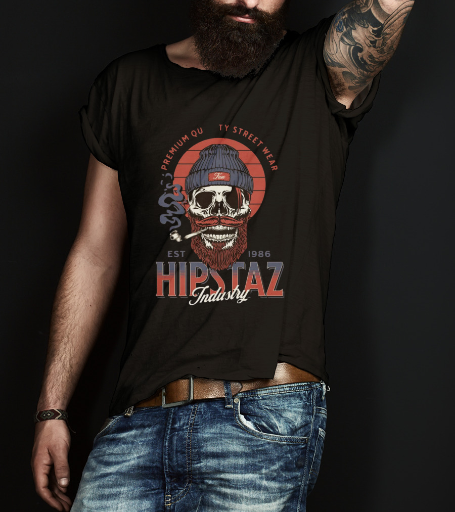 Premium Quality Streetwear Hipstaz Industry Est 1986 Skull With Pipe And Beanie T-Shirt