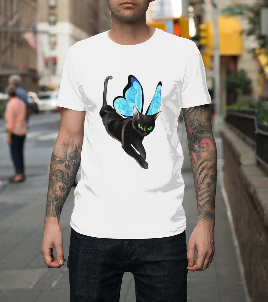 Black Cat With Blue Butterfly Wings T-Shirt