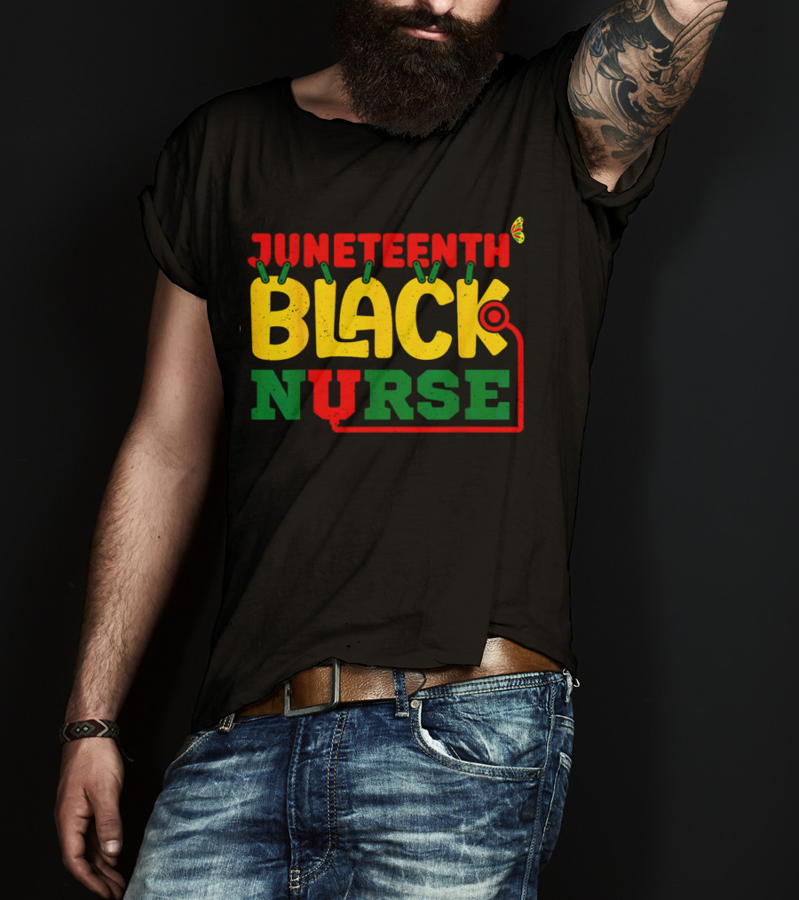 Juneteenth Black Nurse Red Yellow Green Butterfly Stethoscope T-Shirt
