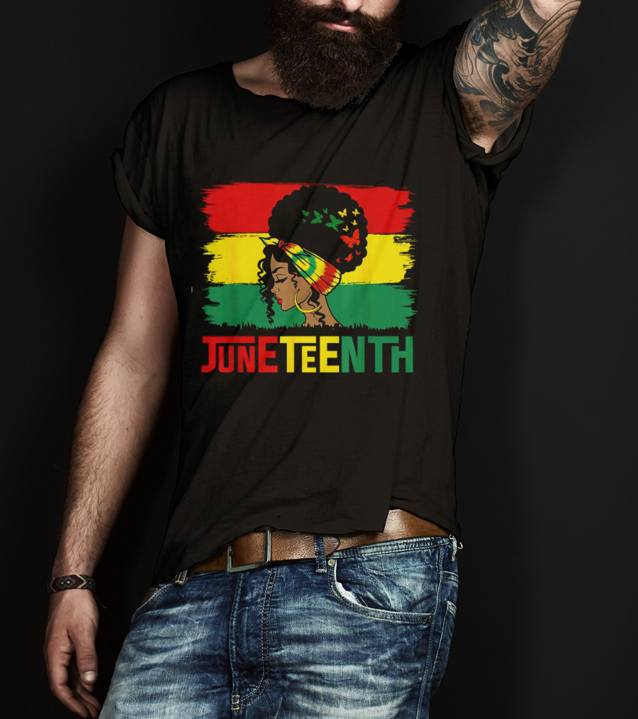 Juneteenth Remembering My Ancestors Celebrate Black Freedom Afro Woman Rasta Colors Flags T-Shirt