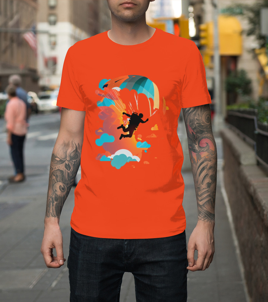 Skydiver Silhouette With Colorful Parachute And Clouds T-Shirt