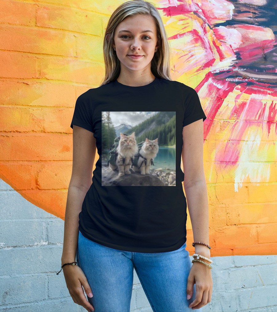 Two American Longhair Cats Are Mountaineering With Backpacks In Scenic Mountain Forest Near Lake T-Shirt