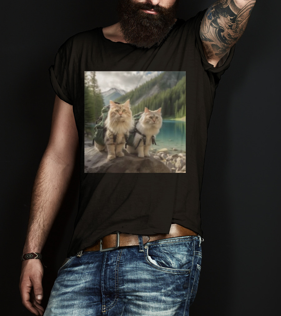 Two American Longhair Cats Are Mountaineering With Backpacks In Scenic Mountain Forest Near Lake T-Shirt