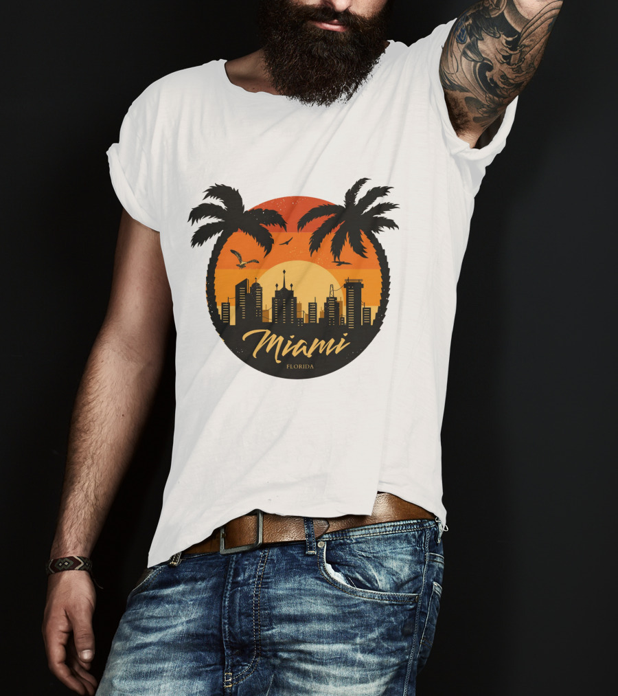 Miami Florida Sunset Skyline Palm Trees T-Shirt