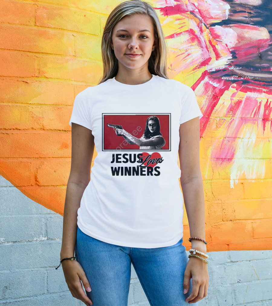 Super Yaki Jesus Loves Winners Red Gun Woman T-Shirt