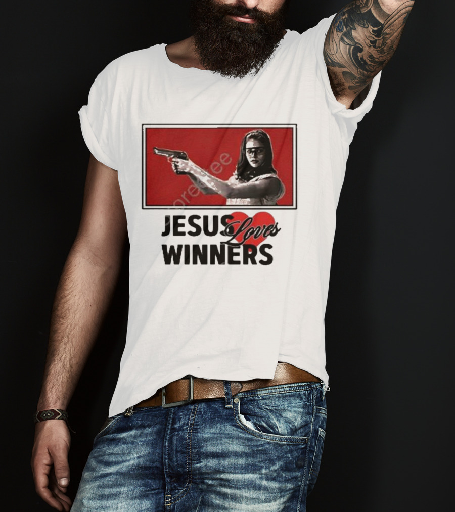 Super Yaki Jesus Loves Winners Red Gun Woman T-Shirt