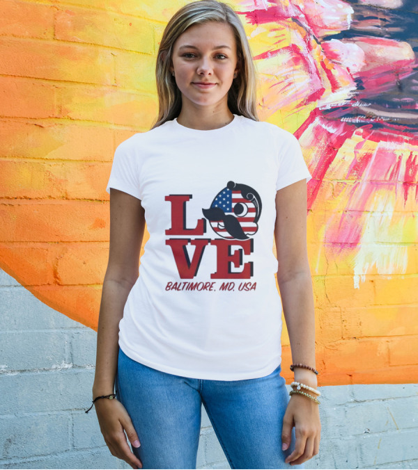 Love Baltimore MD USA National Bohemian American Flag Mustache T-Shirt