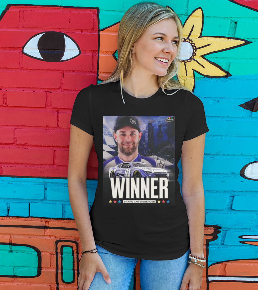 NASCAR Winner Shane Van Gisbergen With Race Car And Cityscape Background T-Shirt