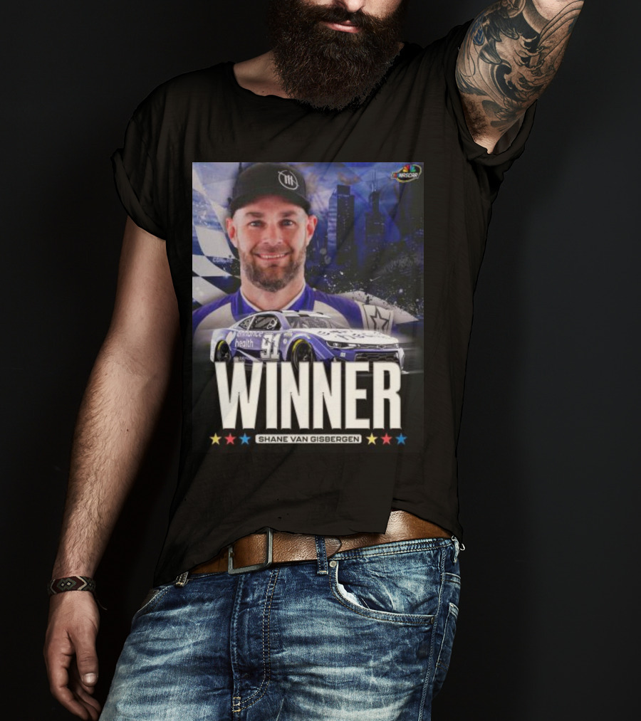NASCAR Winner Shane Van Gisbergen With Race Car And Cityscape Background T-Shirt