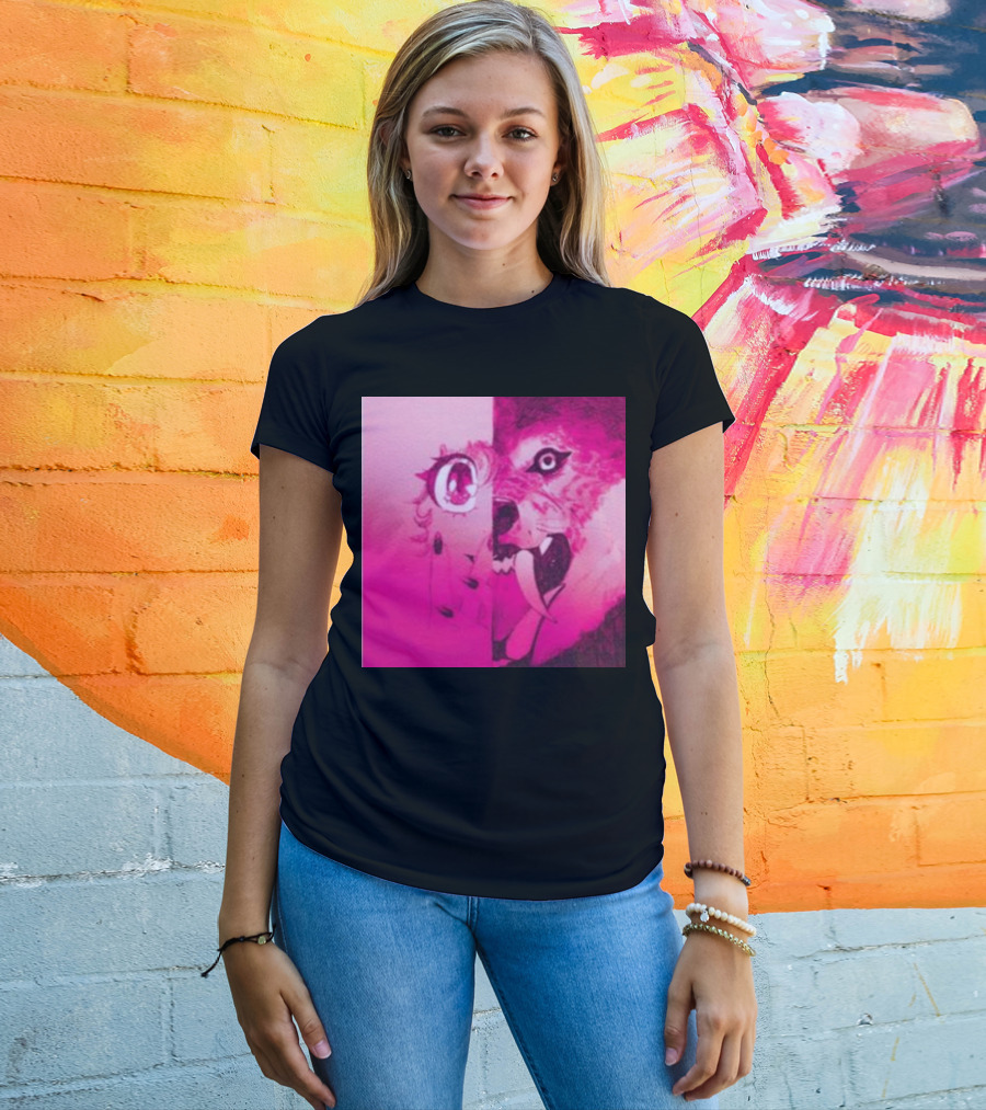 Dead On The Scene Wolf And Anime Girl Pink Contrast T-Shirt