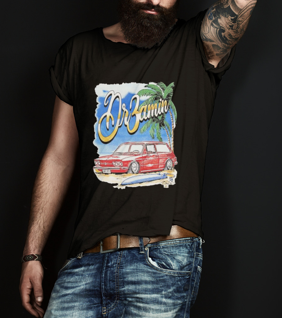 DrZamin Red Car Tropical Beach Scene With Palm Trees Surfboard T-Shirt