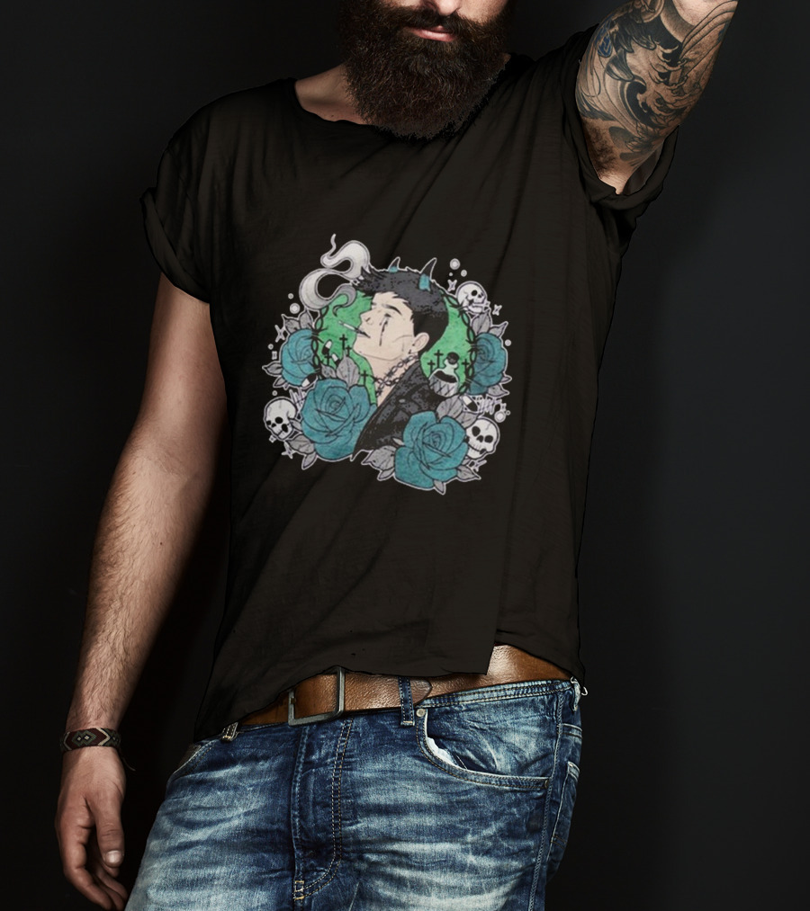 Costee Vampyyri Gothic Blue Roses And Skulls With Vampire And Smoke T-Shirt