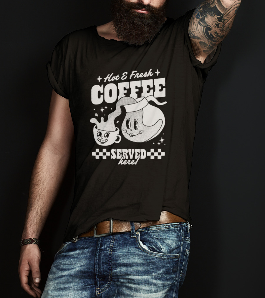 Hot And Fresh Coffee Served Here Retro Cartoon T-Shirt