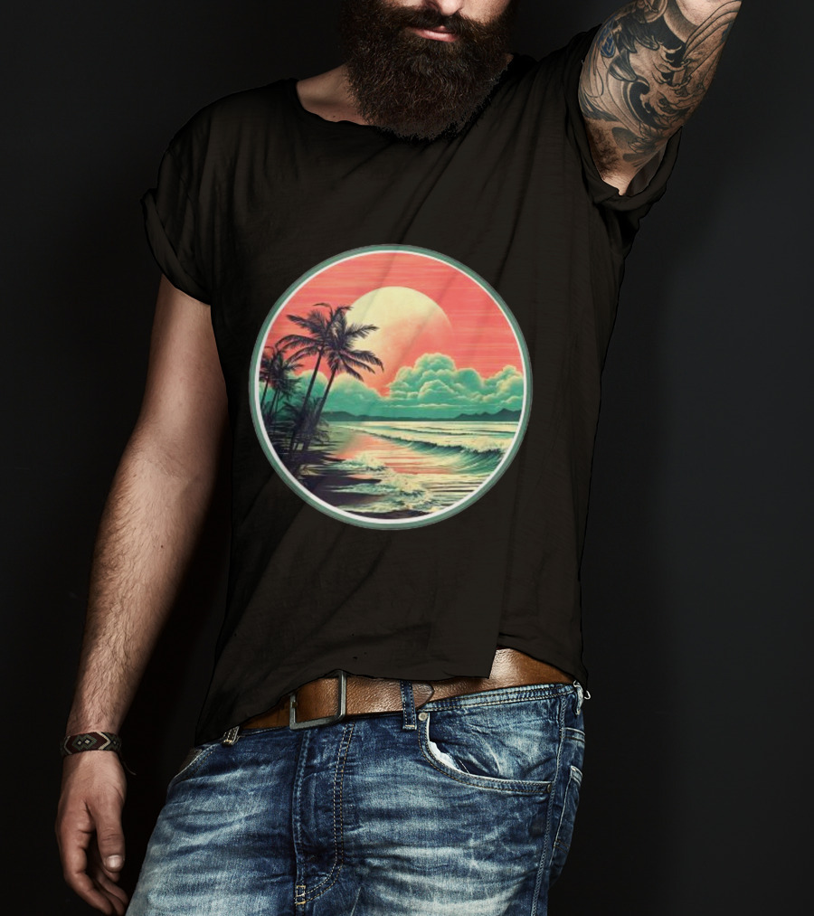 Tropical Ocean Moonscape Palms Waves Sunset Sky T-Shirt