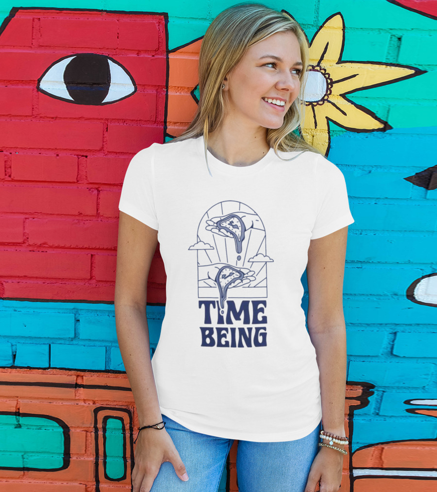 Time Being Dripping Clocks In Hands With Clouds T-Shirt