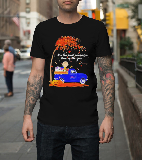 Shirt: Snoopy and Charlie Brown Buffalo Bills It's the Most Wonderful Time of the Year Autumn Truck Scene T-Shirt Snoopy and Charlie Brown Buffalo Bills It's the Most Wonderful Time of the Year Autumn Truck Scene T-Shirt