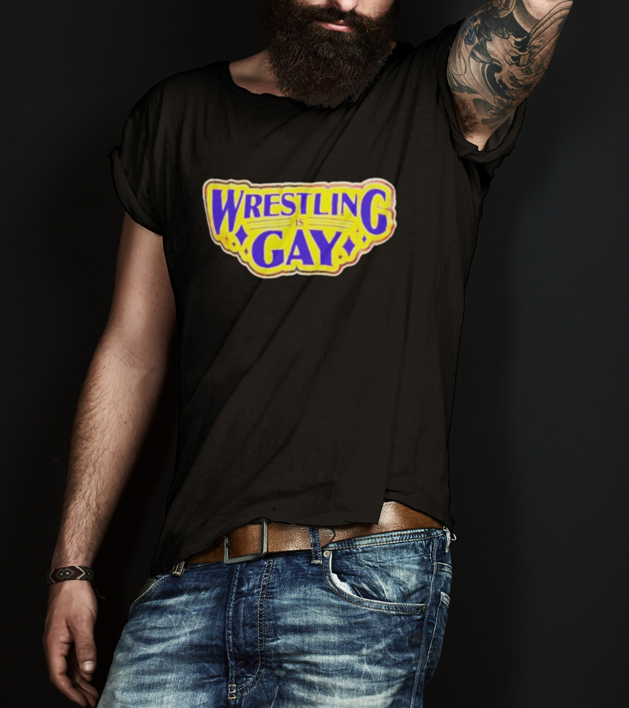 Wrestling Is Gay Emblem Bold Yellow And Purple Text T-Shirt
