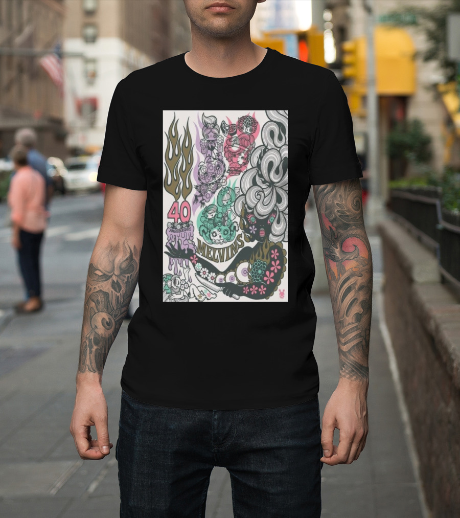Melvins 40th Anniversary Psychedelic Artwork Flames and Figures T-Shirt