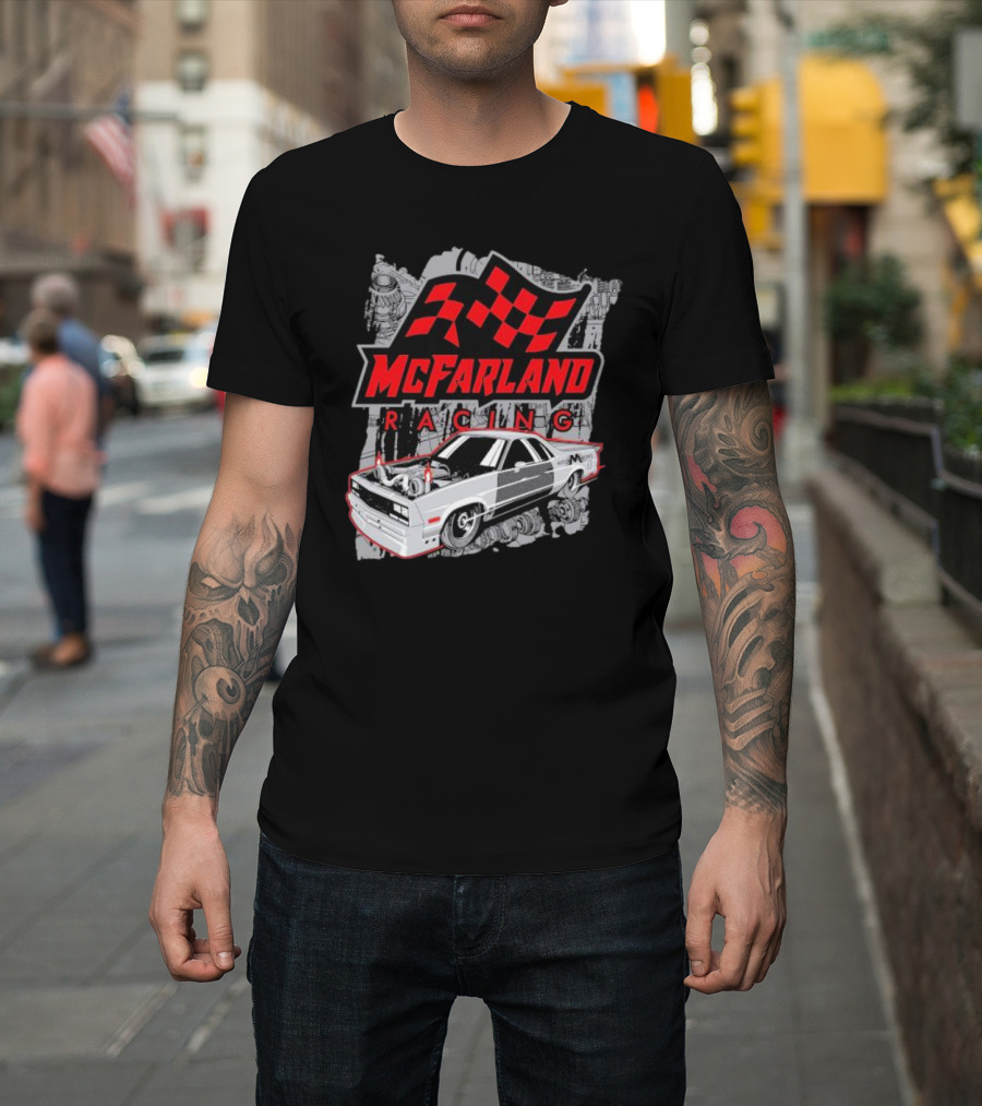 McFarland Racing Cleetus Mullet Turbocharged Car And Checkered Flag T-Shirt