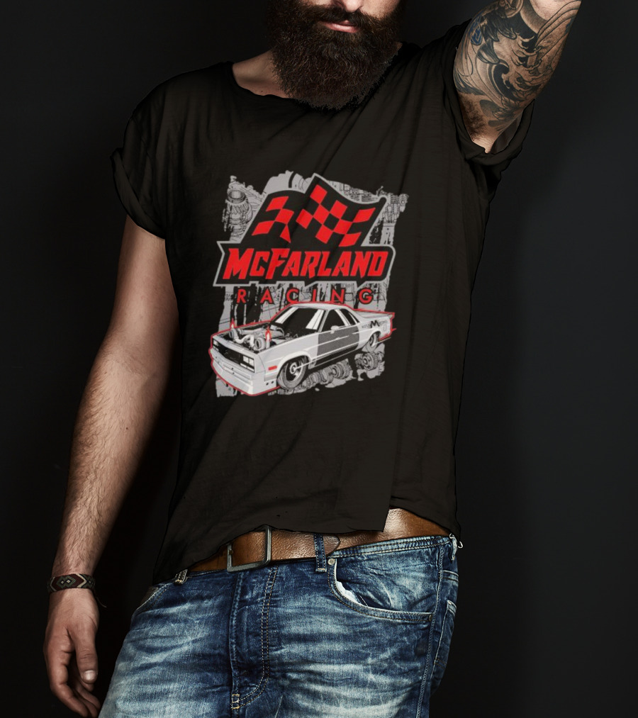 McFarland Racing Cleetus Mullet Turbocharged Car And Checkered Flag T-Shirt