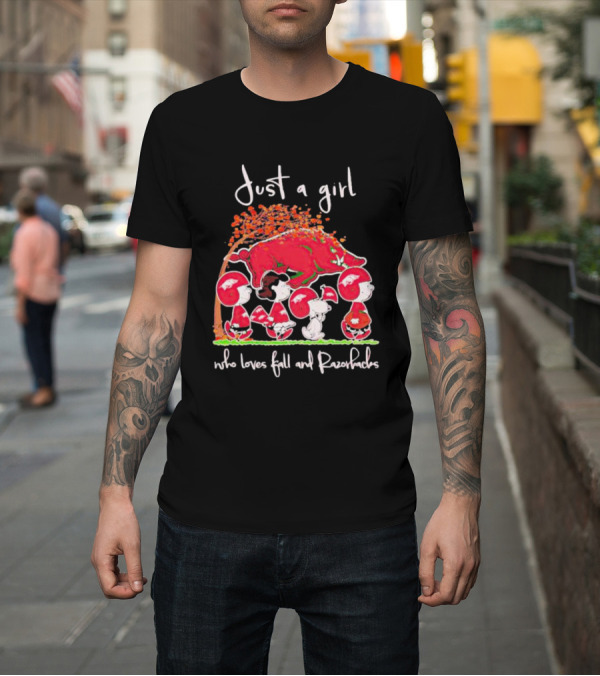 Shirt: Just a Girl Who Loves Fall and Razorbacks with Peanuts Characters Under Autumn Tree T-Shirt Just a Girl Who Loves Fall and Razorbacks with Peanuts Characters Under Autumn Tree T-Shirt