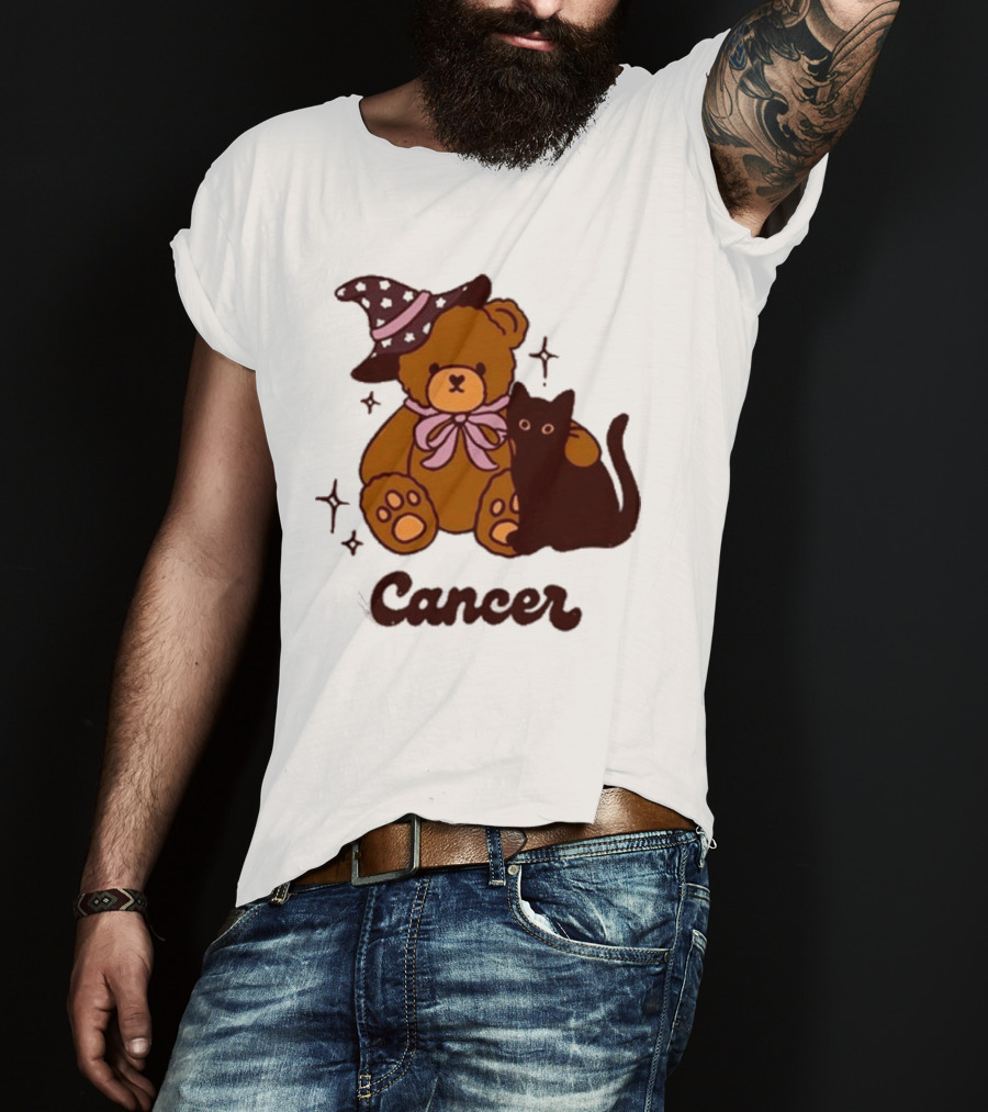 Cancer Teddy Bear With Witch Hat And Black Cat T-Shirt