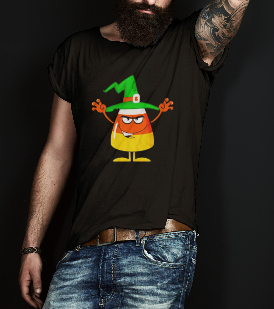 Candy Corn Witch Halloween Character With Green Hat T-Shirt