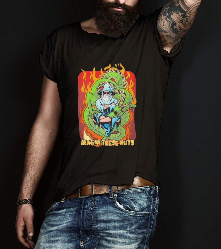 Dragon These Nuts Wizard With Green Dragon And Flames T-Shirt