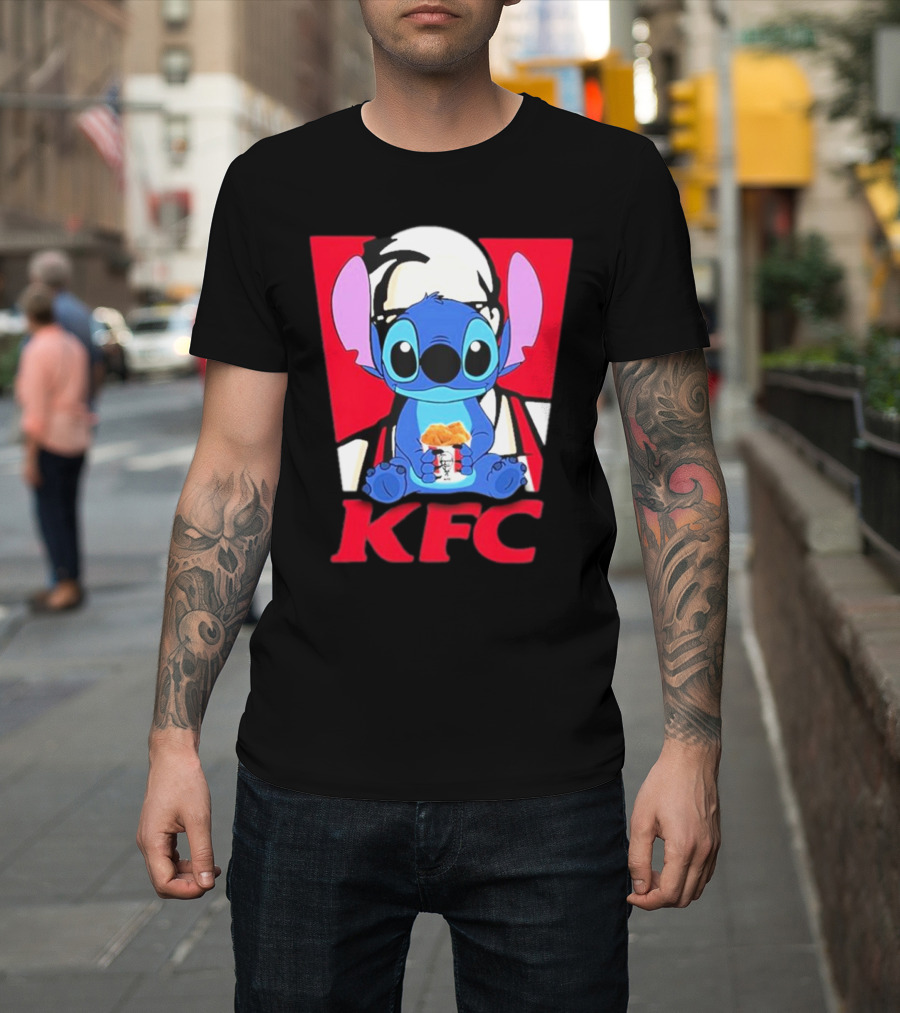 Stitch Eating KFC With Logo Background T-Shirt