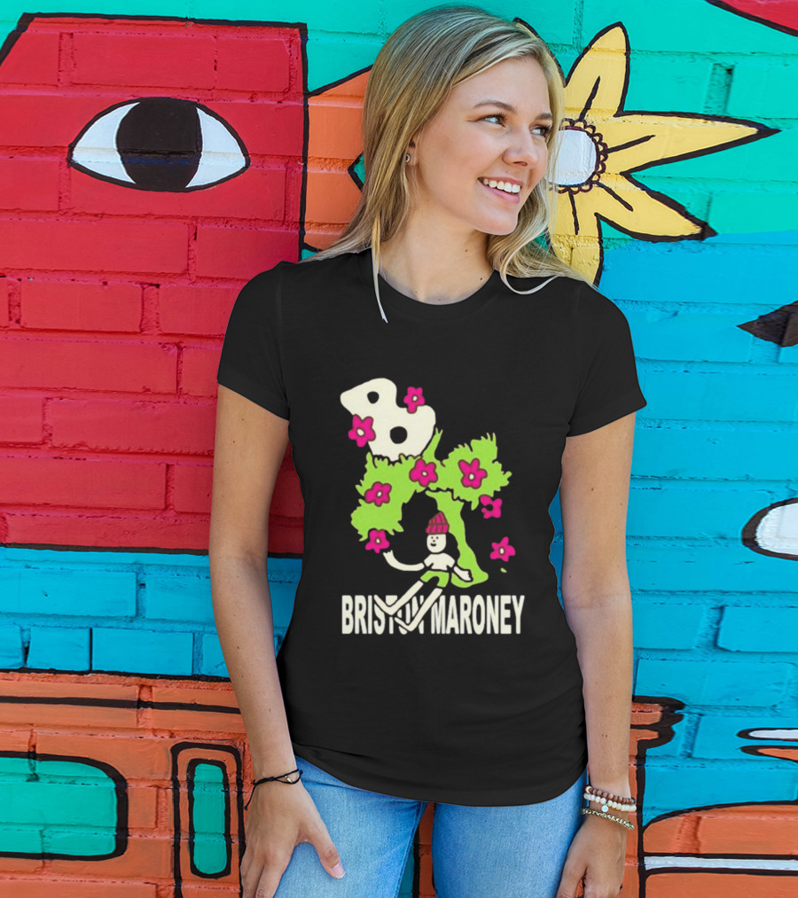 Briston Maroney Cartoon Character With Green Planet And Pink Flowers T-Shirt