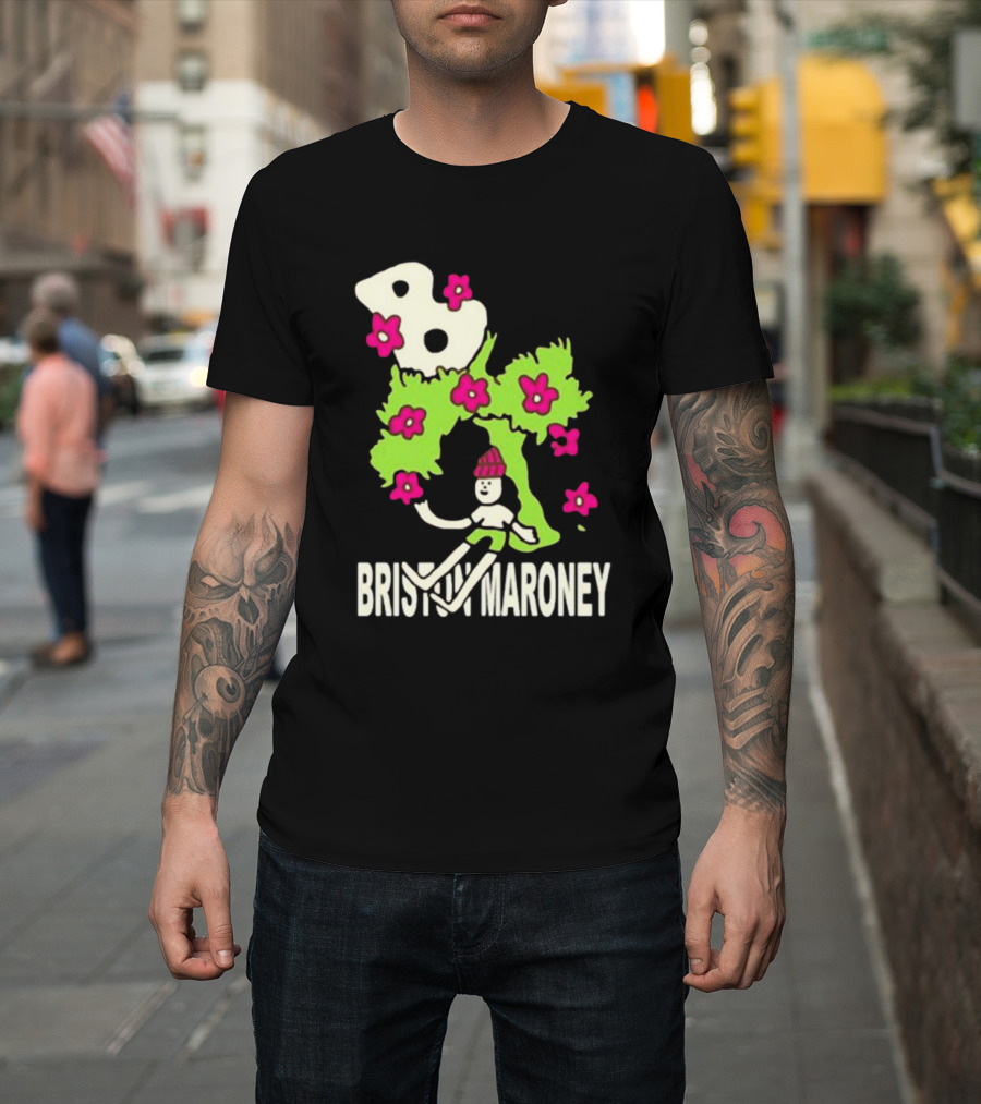 Briston Maroney Cartoon Character With Green Planet And Pink Flowers T-Shirt