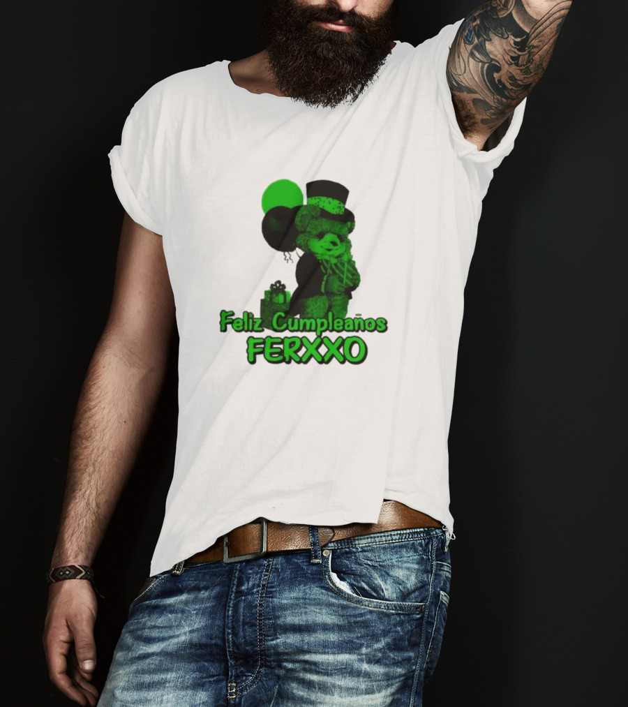 Feliz Cumpleaños Ferxxo Teddy Bear Green Balloons Black Top Hat T-Shirt