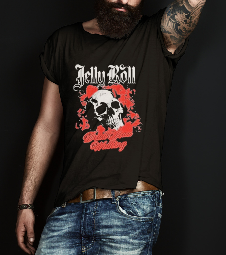 Jelly Roll Dead Man Walking Black Floral Skull Roses T-Shirt