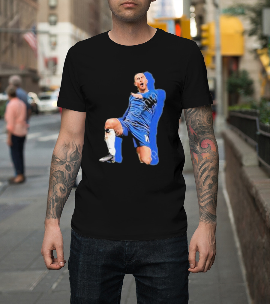 The By Line Show Garden Of Eden Celebration Pose Soccer Player In Blue Jersey T-Shirt