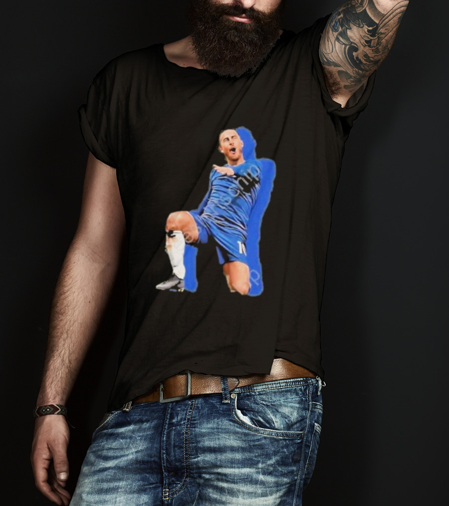 The By Line Show Garden Of Eden Celebration Pose Soccer Player In Blue Jersey T-Shirt