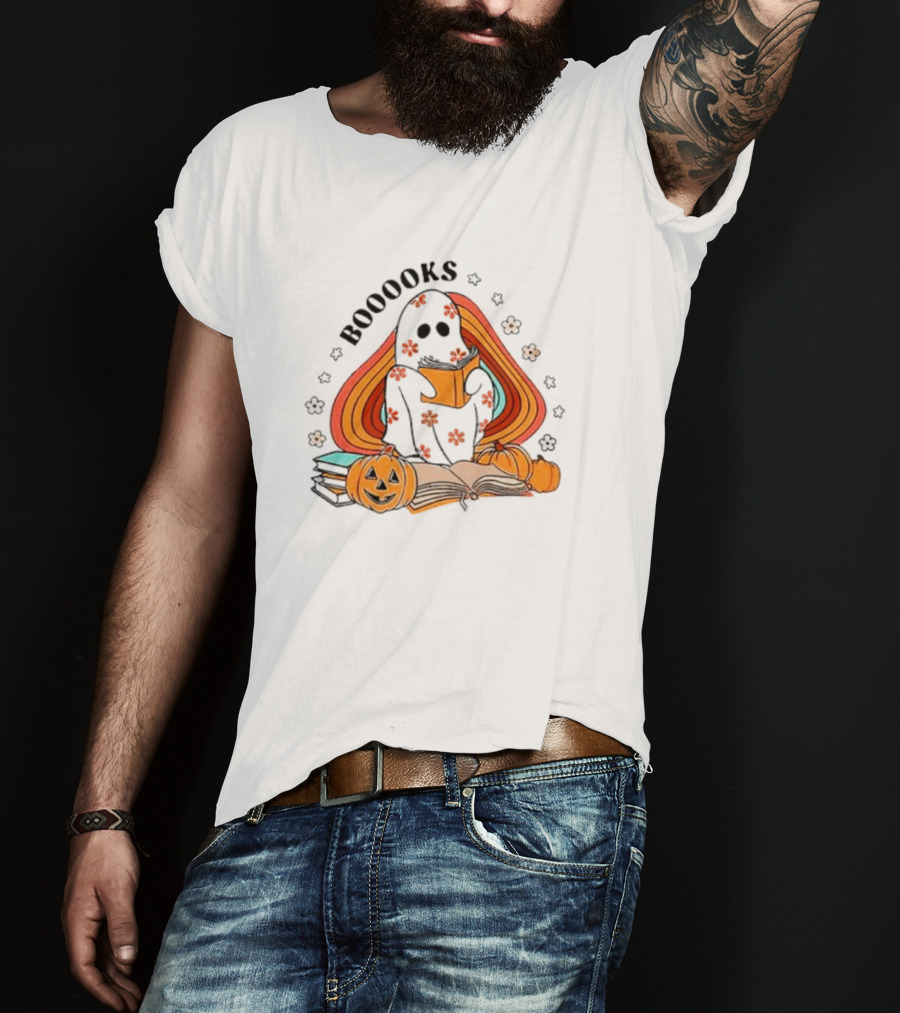 BOOOOKS Ghost Reading With Pumpkins And Flowers T-Shirt