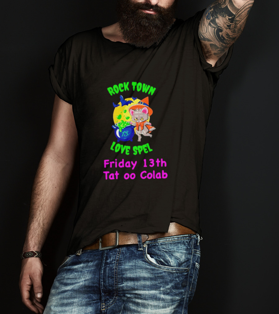 Rock Town Love Spell Friday 13th Tattoo Collab Cat Pumpkin Moon T-Shirt